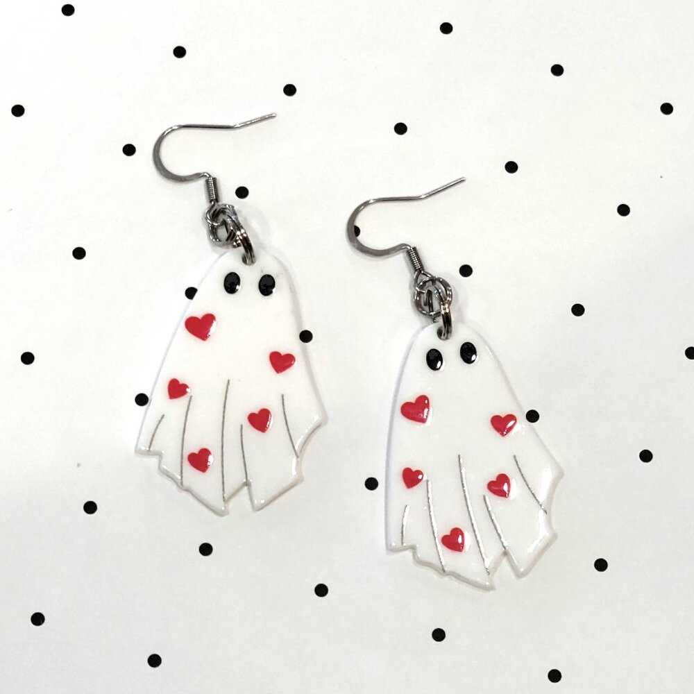 Red Heart Ghost Earrings Stainless Steel Hooks Halloween Spooky Lover NEW